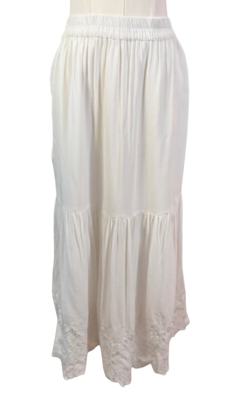 Boutique Sim & Sam White Boho Eyelet Lace Tiered Midi Skirt L Cotton Rayon Lined